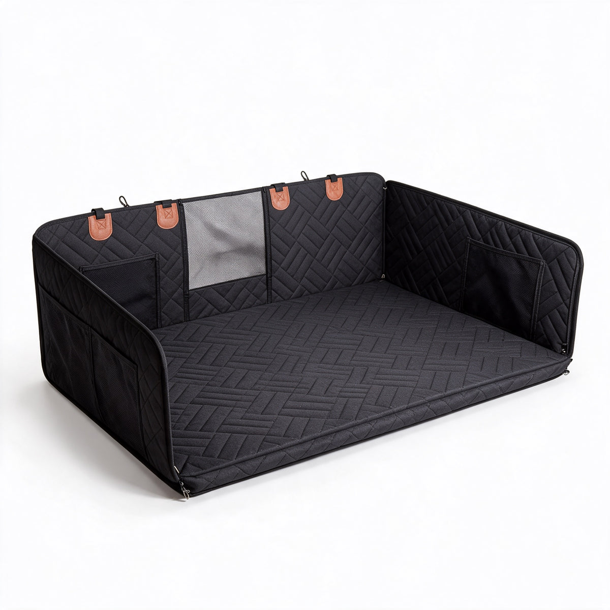 Tatzenbett in Schwarz freigestellt auf weißem Hintergrund, breite flache Liegefläche mit aufgestellten Seitenteilen