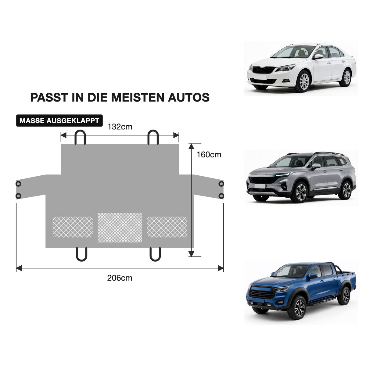 Maßzeichnung des Tatzenbetts ausgeklappt: 132 cm Rückwand, 160 cm Tiefe, 206 cm Gesamtbreite, daneben Limousine, SUV und Pickup