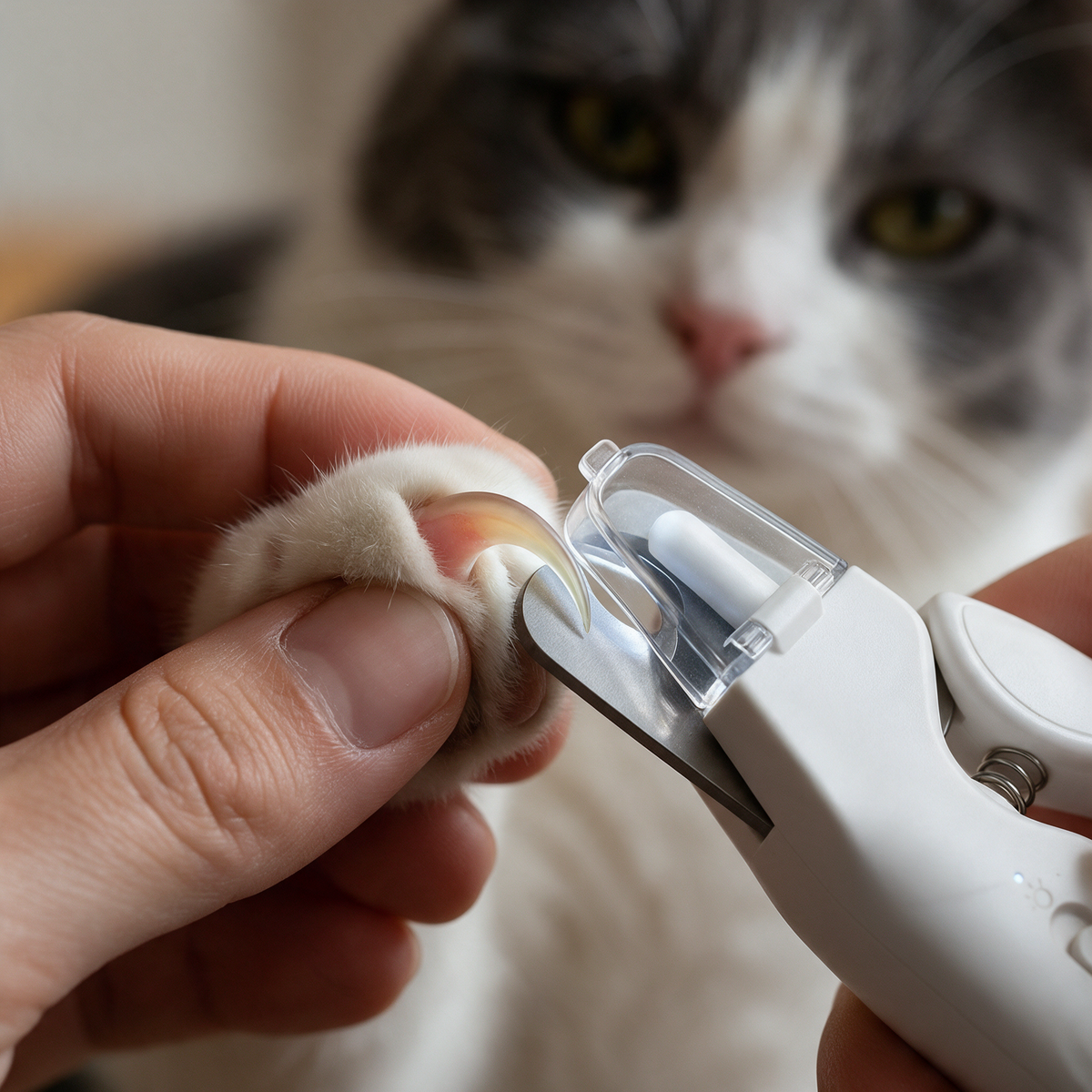 Einzelne Katzenkralle wird mit den Edelstahlbacken des Krallenlichts geschnitten