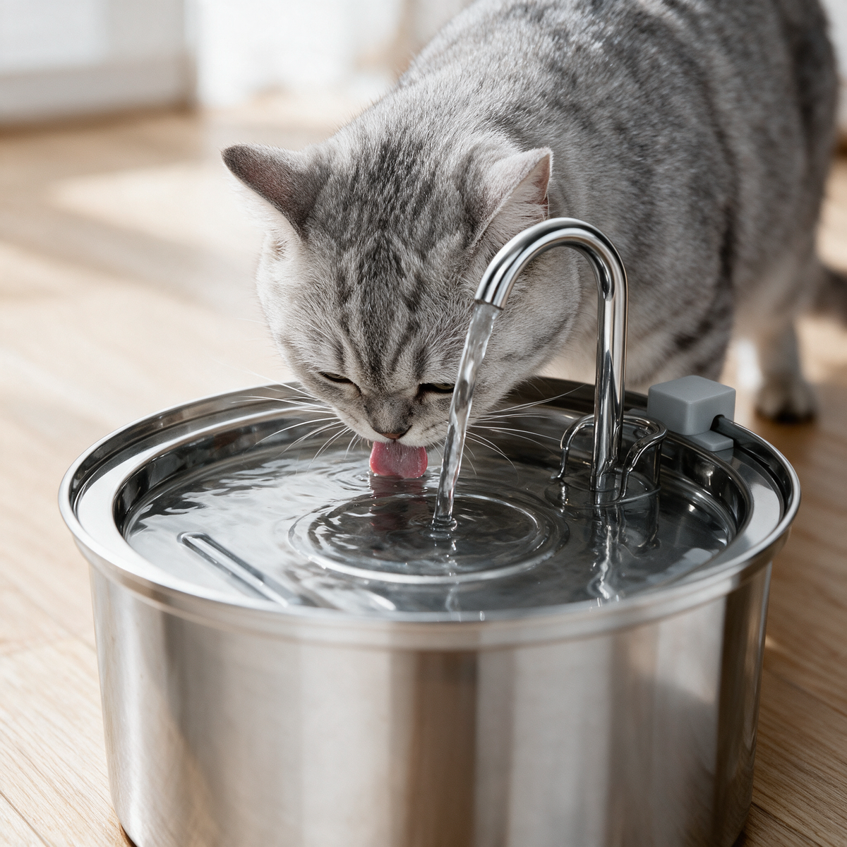 Katze trinkt aus der Mulde im Deckel des Edelstahl-Trinkbrunnens