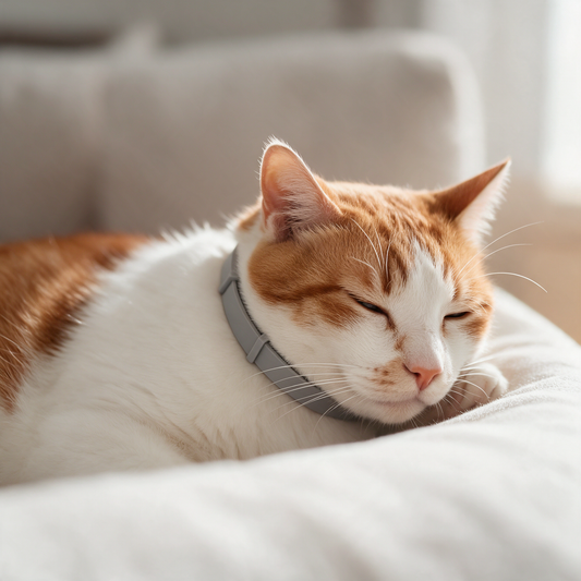 Rot-weiße Katze schläft zusammengerollt auf dem Sofa und trägt das graue Beruhigungshalsband