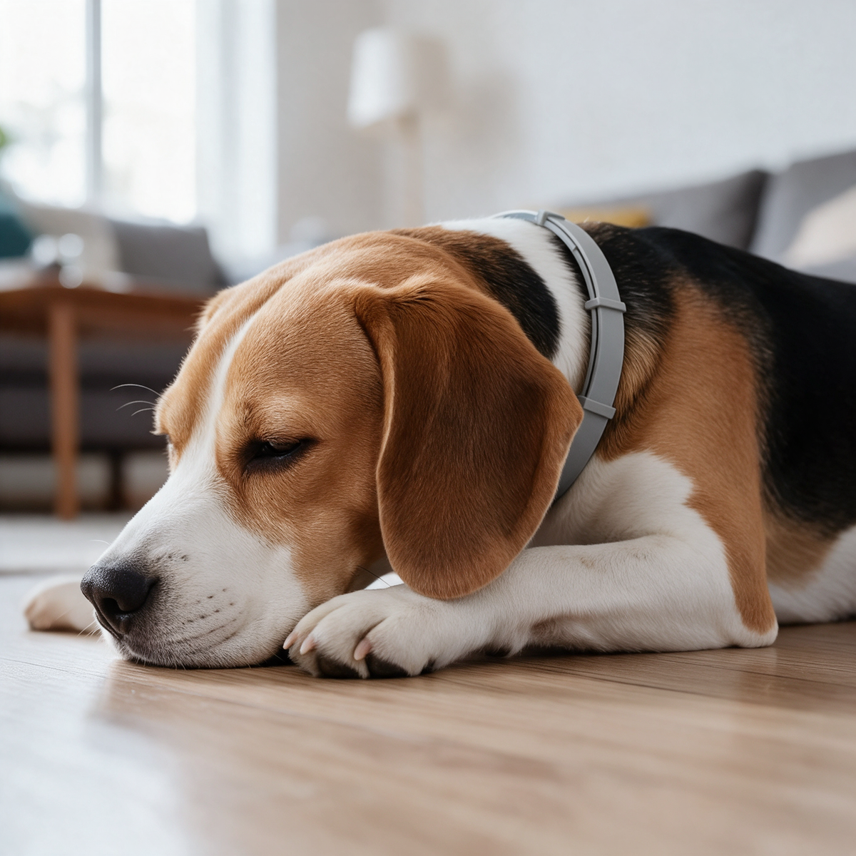 Beagle liegt entspannt auf dem Boden und trägt das graue Beruhigungshalsband