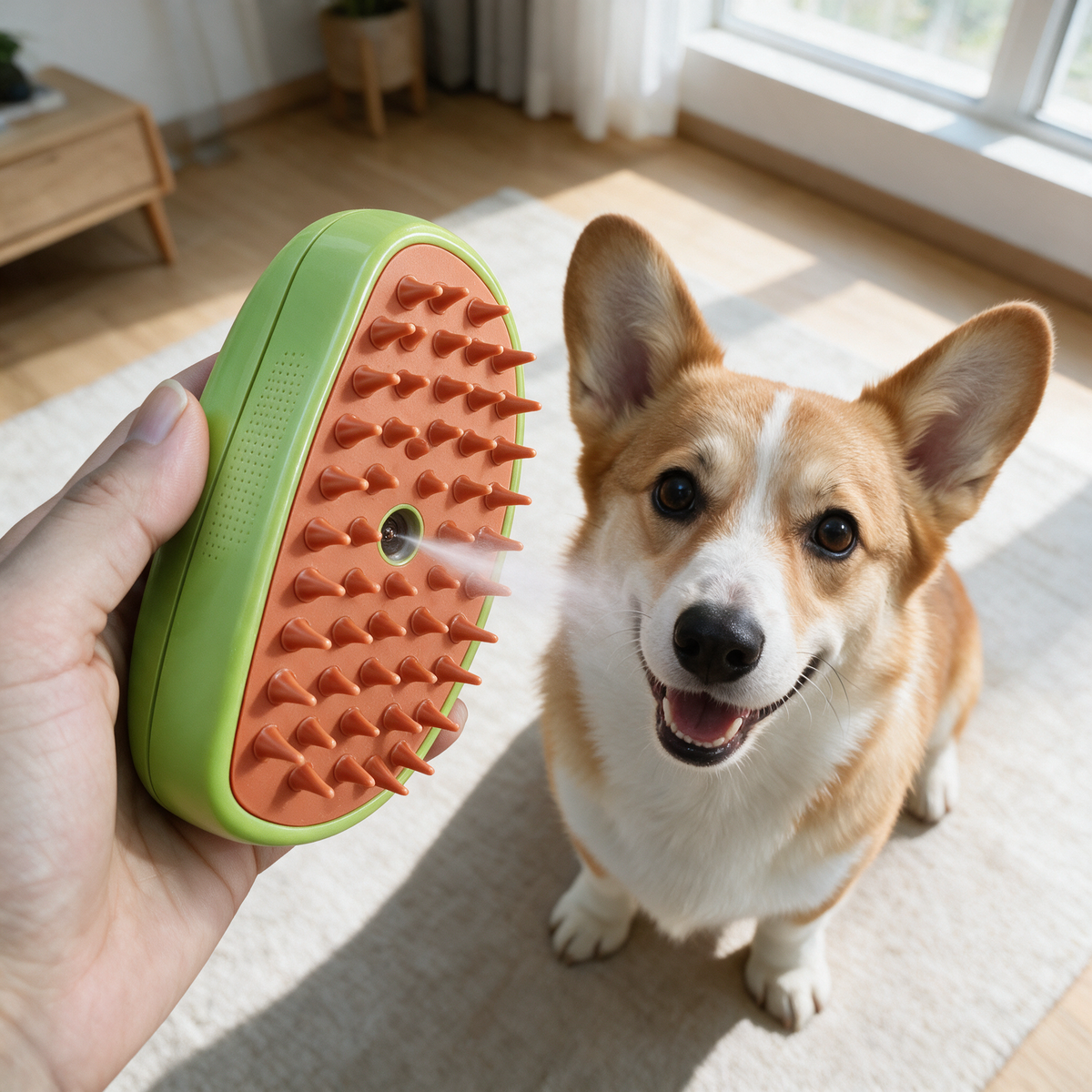Hand hält die Fellfrisch Bürste mit sprühendem Nebel vor einen Corgi