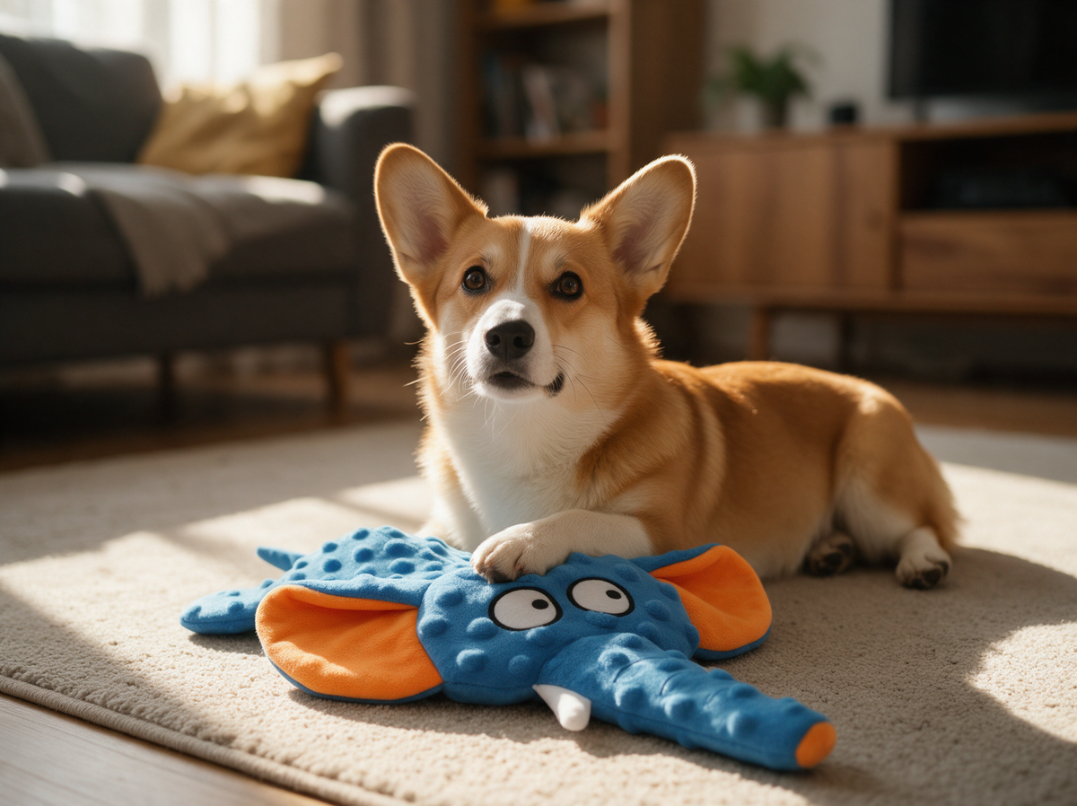 Corgi liegt auf einem Teppich, eine Pfote auf dem flach ausgebreiteten Kaurüssel