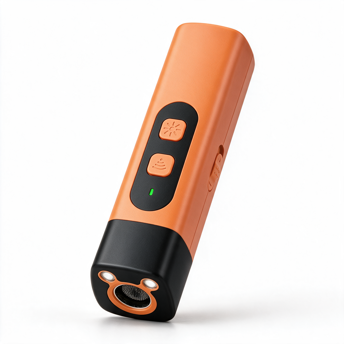 Bellschutz: schlanker oranger Riegel mit schwarzem Kopf, orange gerandeter Blende, Schallgitter und zwei LEDs