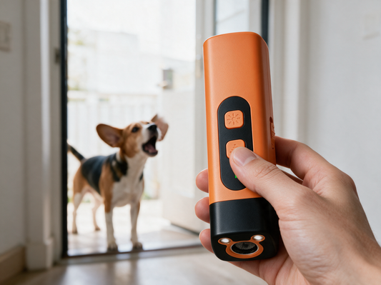Beagle bellt an der Wohnungstür, im Vordergrund liegt der Bellschutz in der Hand