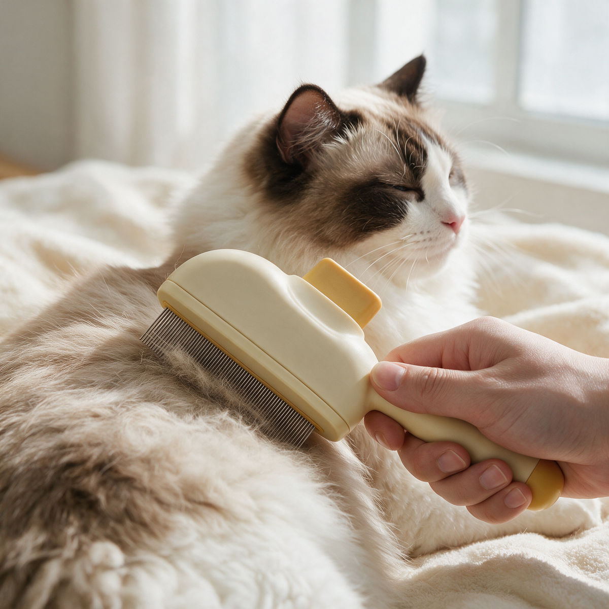 Langhaarkatze wird mit dem Fellstreicher entlang des Rückens gebürstet