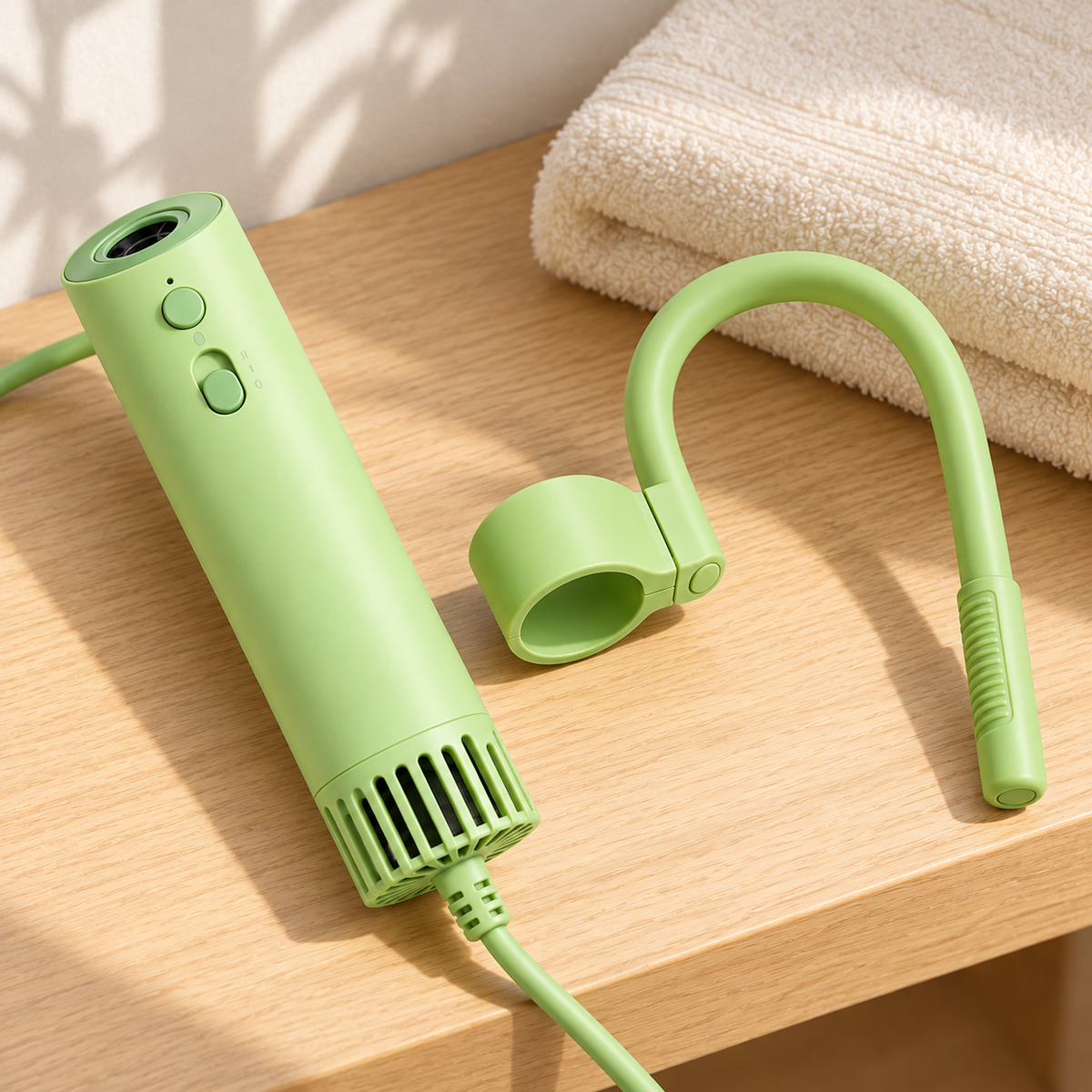 Tatzenwind™ mit grünem Nackenhalter und Kabel auf einer Ablage