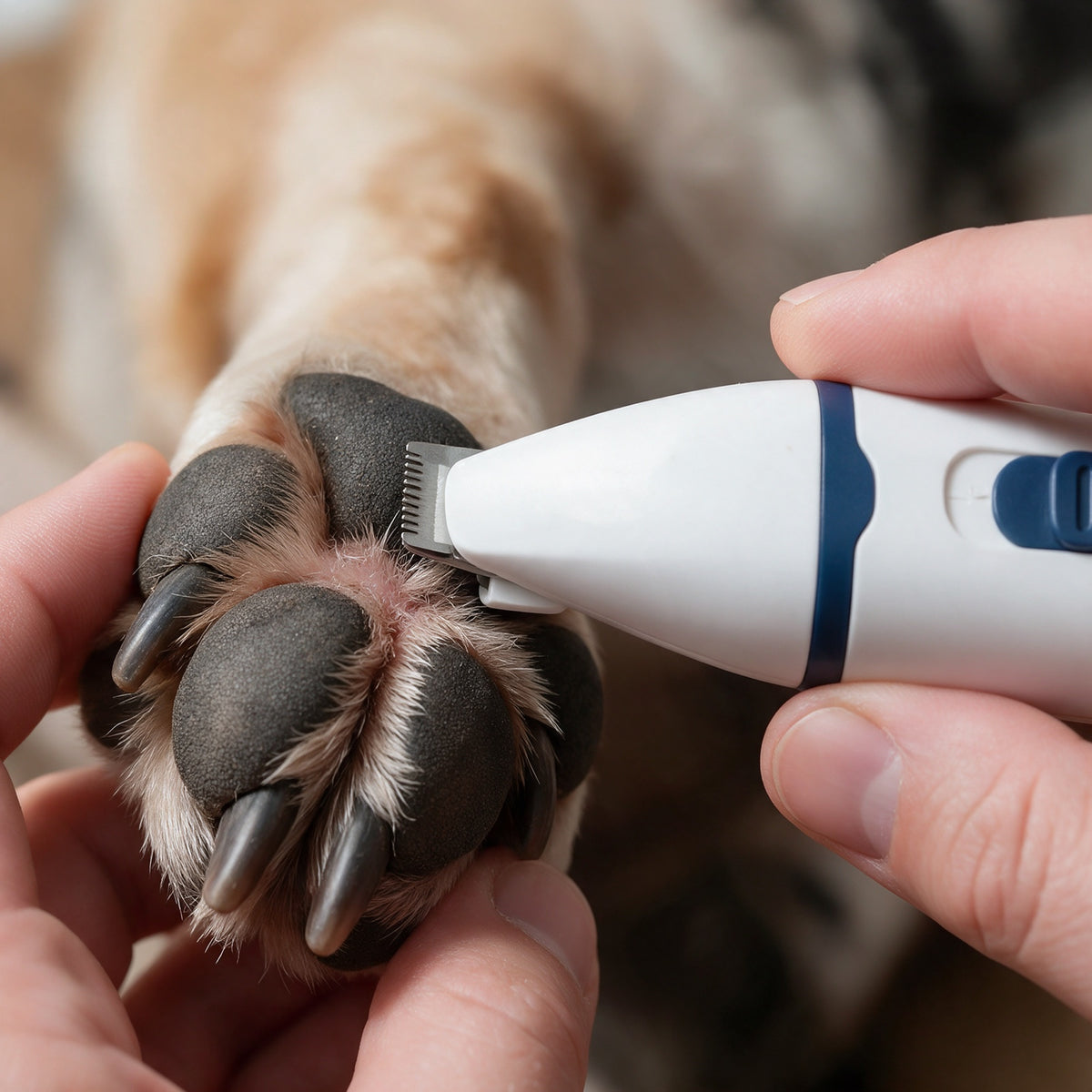 Fell zwischen den Pfotenballen eines Hundes wird mit dem Präzisionskopf geschoren