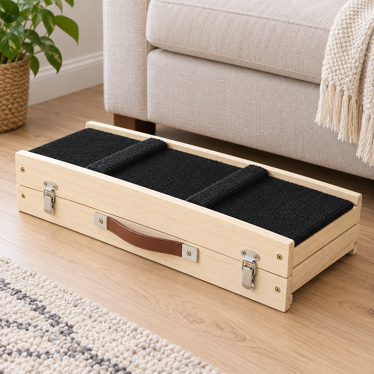 Zusammengeklappter Sofapfad™ mit Tragegriff neben einem Sofa