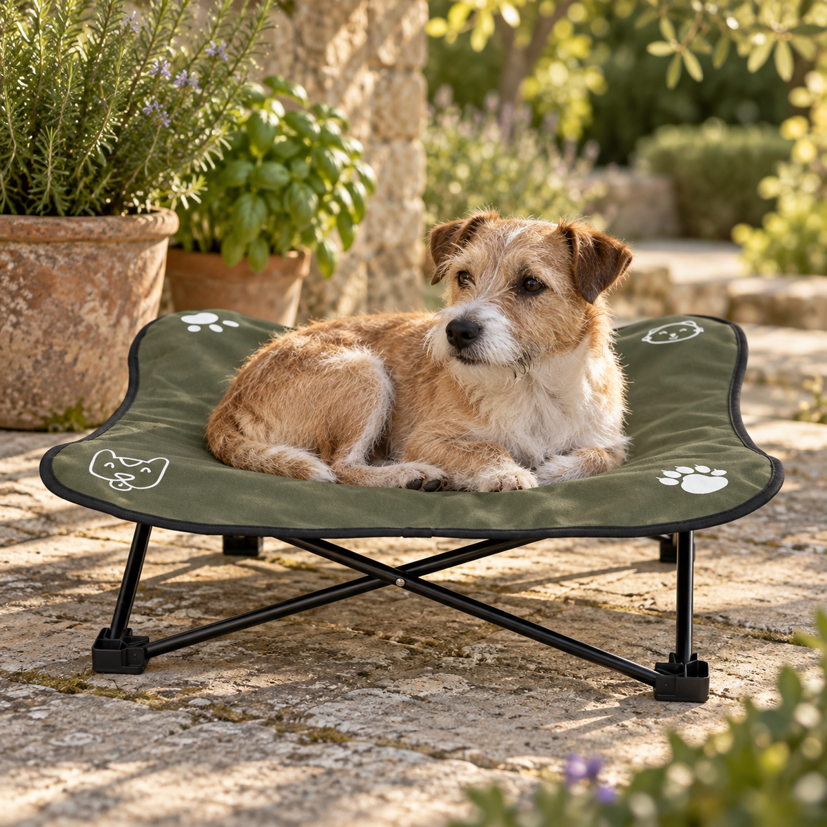 Kleiner Terrier auf der grünen Tatzenliege auf einer Gartenterrasse