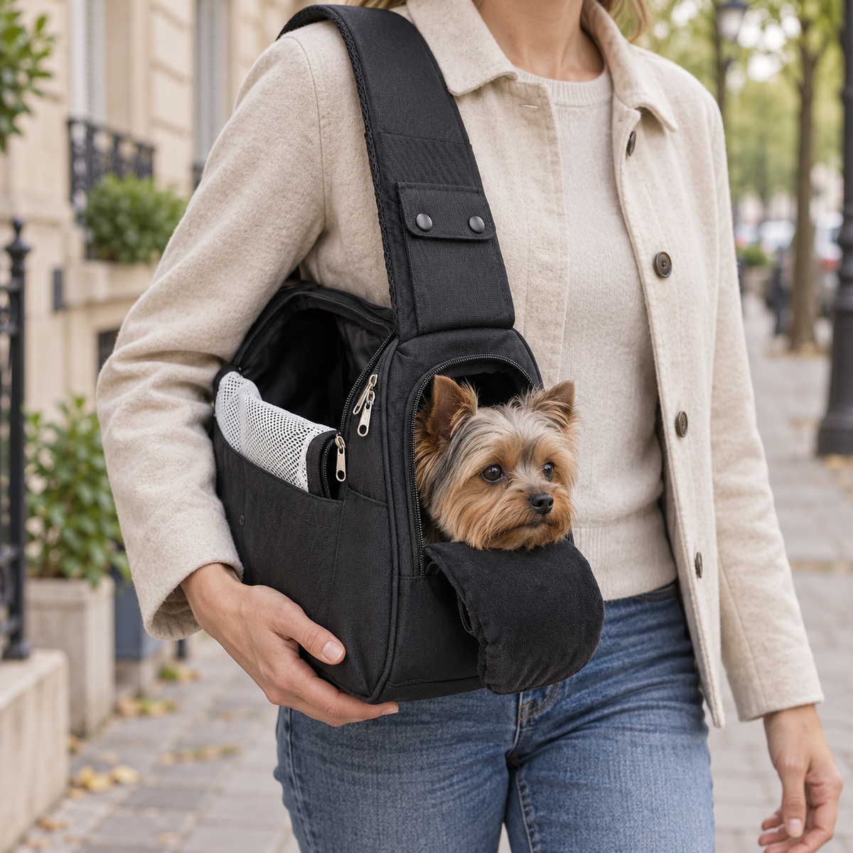 Schwarze Tatzennah Hundetragetasche mit kleinem Yorkshire Terrier über der Schulter getragen