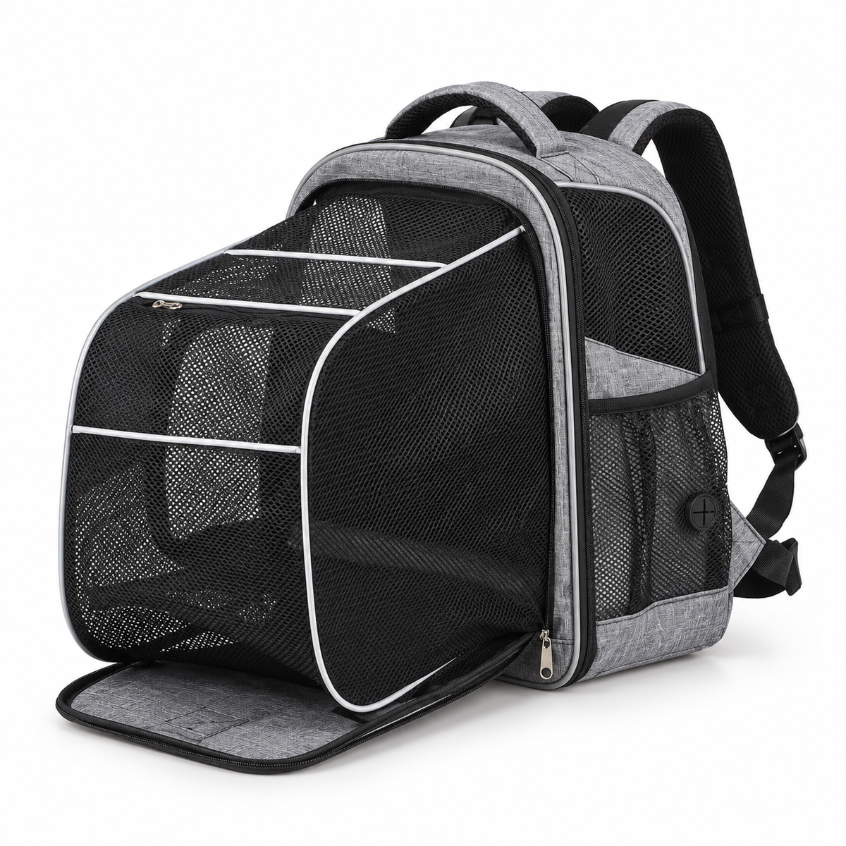 Sternengrauer Tatzenreise™ Rucksack mit geöffneter Netzerweiterung auf weißem Hintergrund
