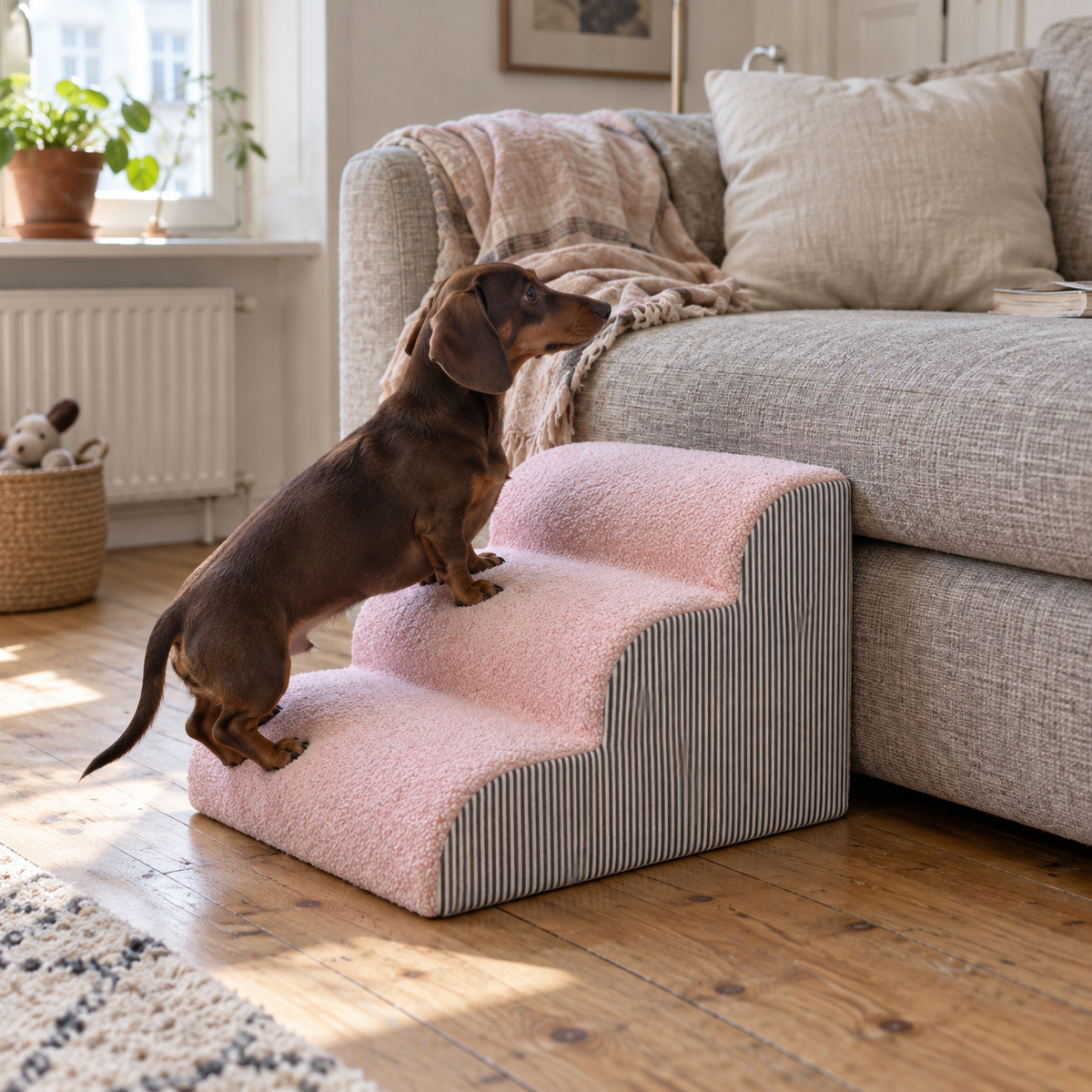 Rosafarbene Tatzenstufe™ mit drei Stufen vor einem niedrigen Sofa in einer bewohnten Wohnung