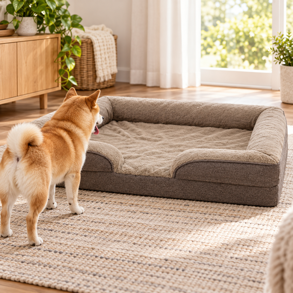 Hund vor dem abgesenkten Einstieg des Tatzenlounge™ Hundesofas