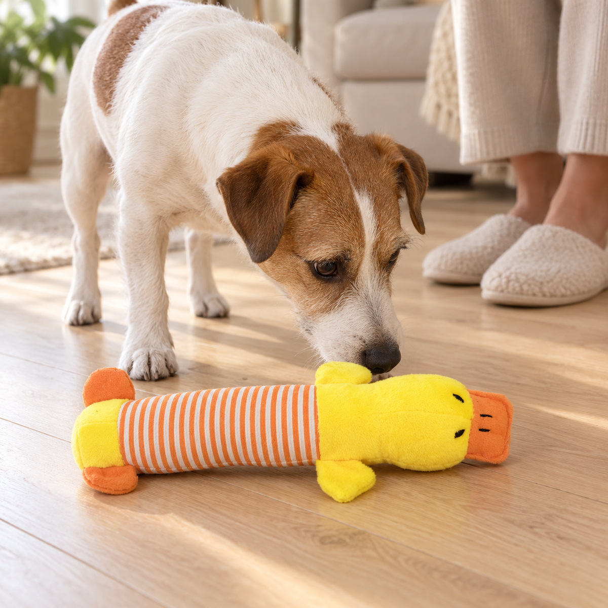 Hund beschnuppert die gelbe Plüschente mit orange-weiß gestreiftem Bauch