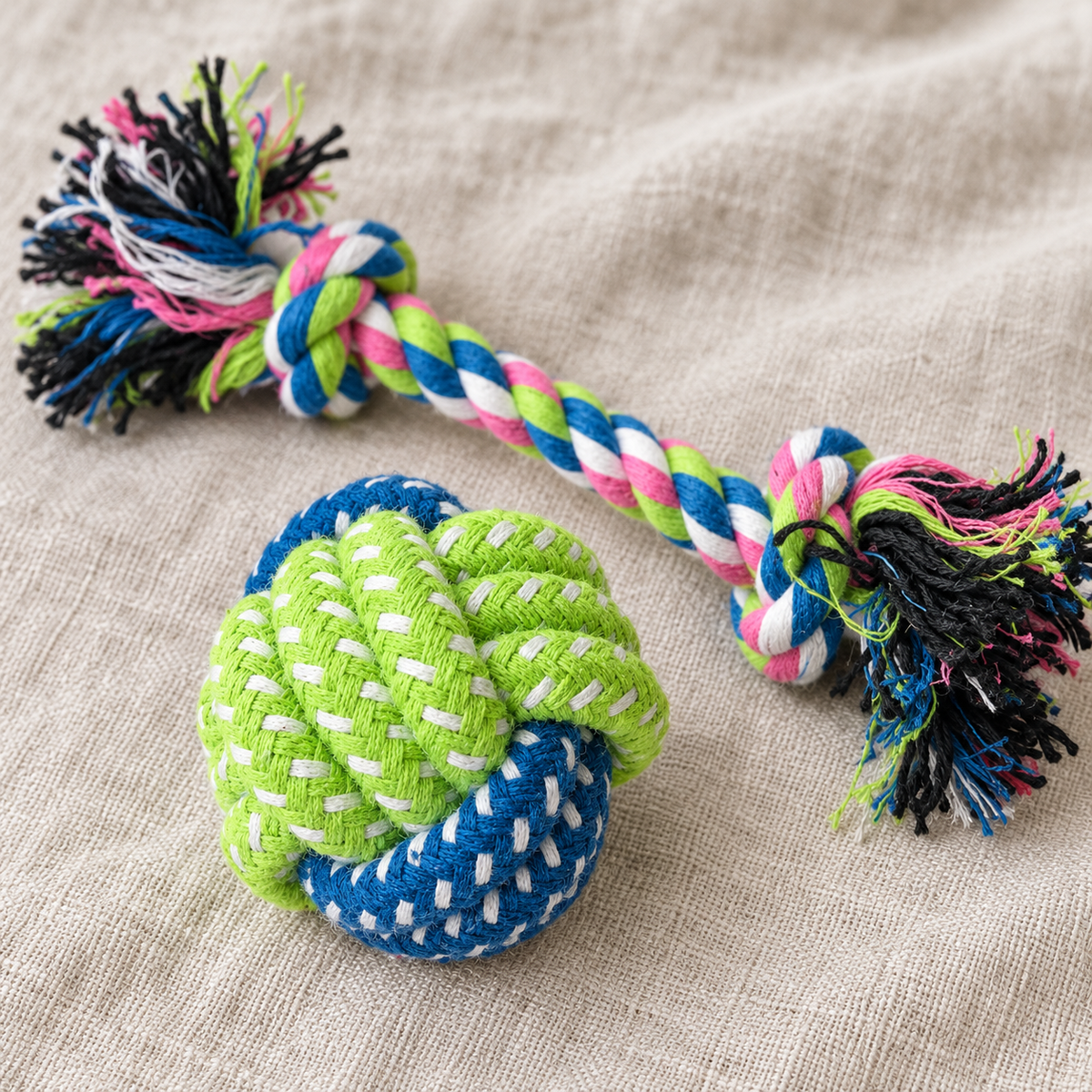 Nahaufnahme des grün-blauen Seilballs und des bunten Knotenseils