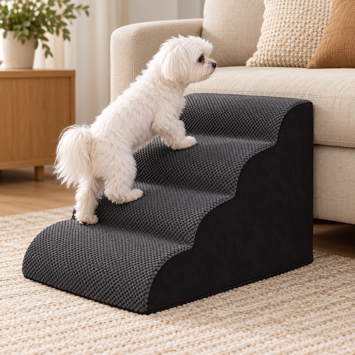 Kleiner Hund geht über die vier Stufen der Tatzenstufe™