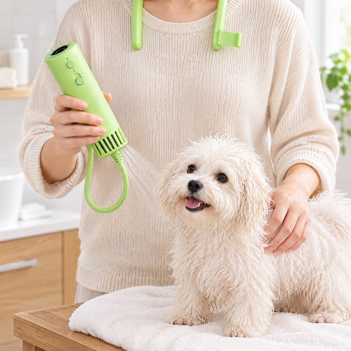 Kleiner weißer Hund wird mit dem Tatzenwind™ trocken geföhnt