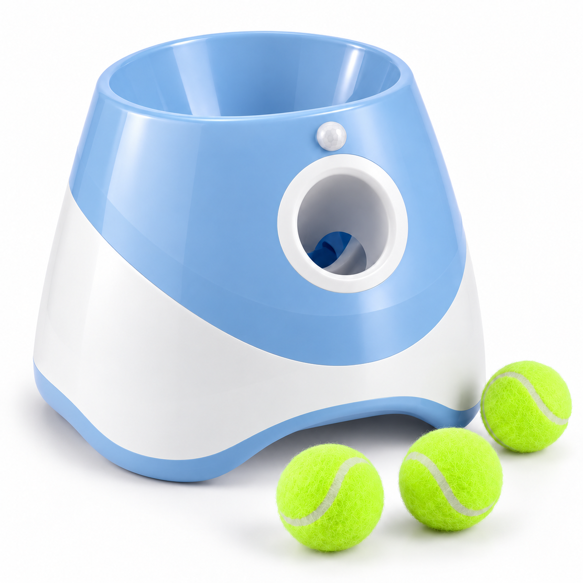 Tatzenwurf Ballwerfer in Hellblau mit drei Mini-Tennisbällen auf weißem Hintergrund
