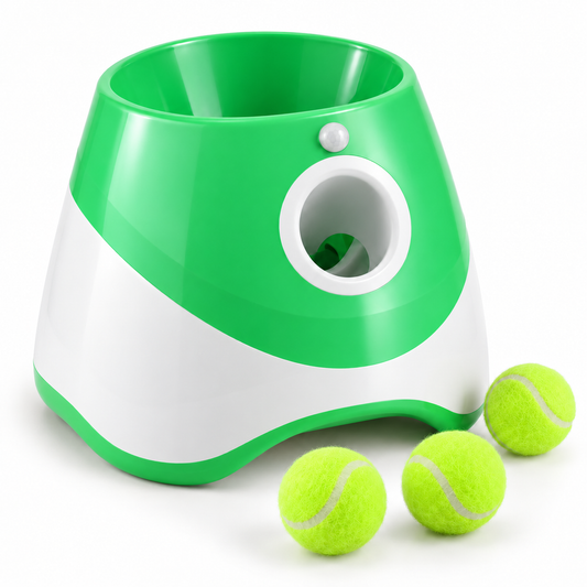 Tatzenwurf Ballwerfer in Grün mit drei Mini-Tennisbällen auf weißem Hintergrund
