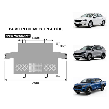 Maßzeichnung des Tatzenbetts ausgeklappt: 132 cm Rückwand, 160 cm Tiefe, 206 cm Gesamtbreite, daneben Limousine, SUV und Pickup