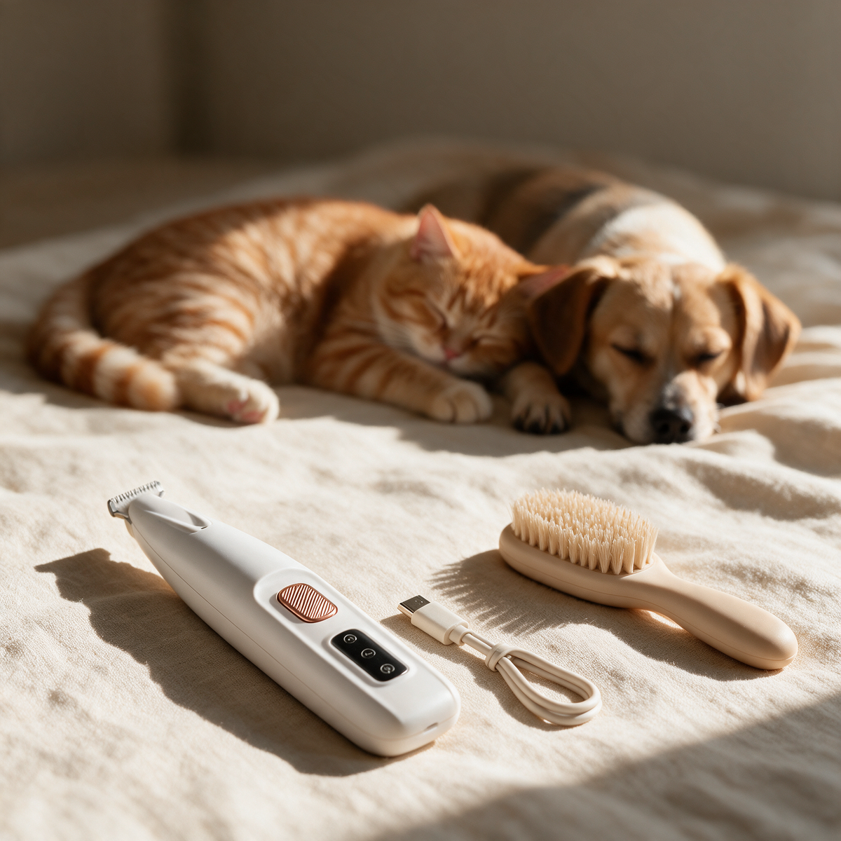 Tatzentrimmer mit Ladekabel und Bürste neben schlafendem Hund und Katze