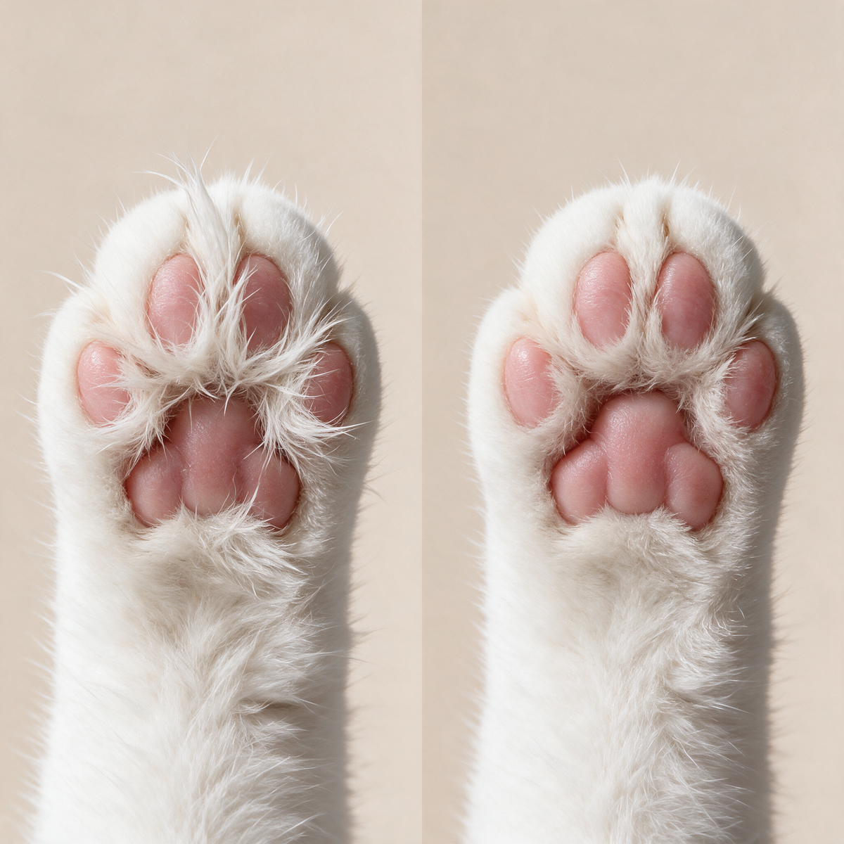 Katzenpfote vor und nach dem Trimmen im Vergleich