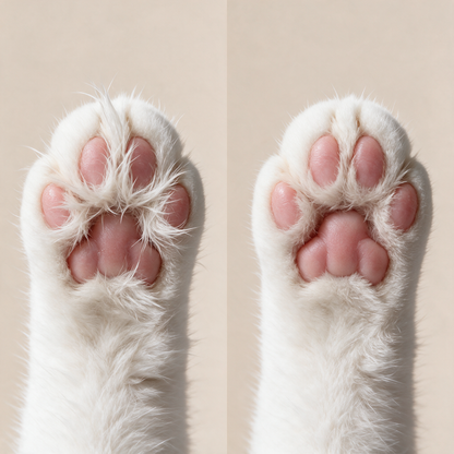 Katzenpfote vor und nach dem Trimmen im Vergleich