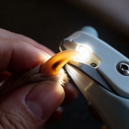 LED durchleuchtet eine Hundekralle, die Vene zeichnet sich als dunkler Kern ab