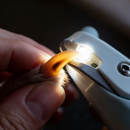 LED durchleuchtet eine Hundekralle, die Vene zeichnet sich als dunkler Kern ab