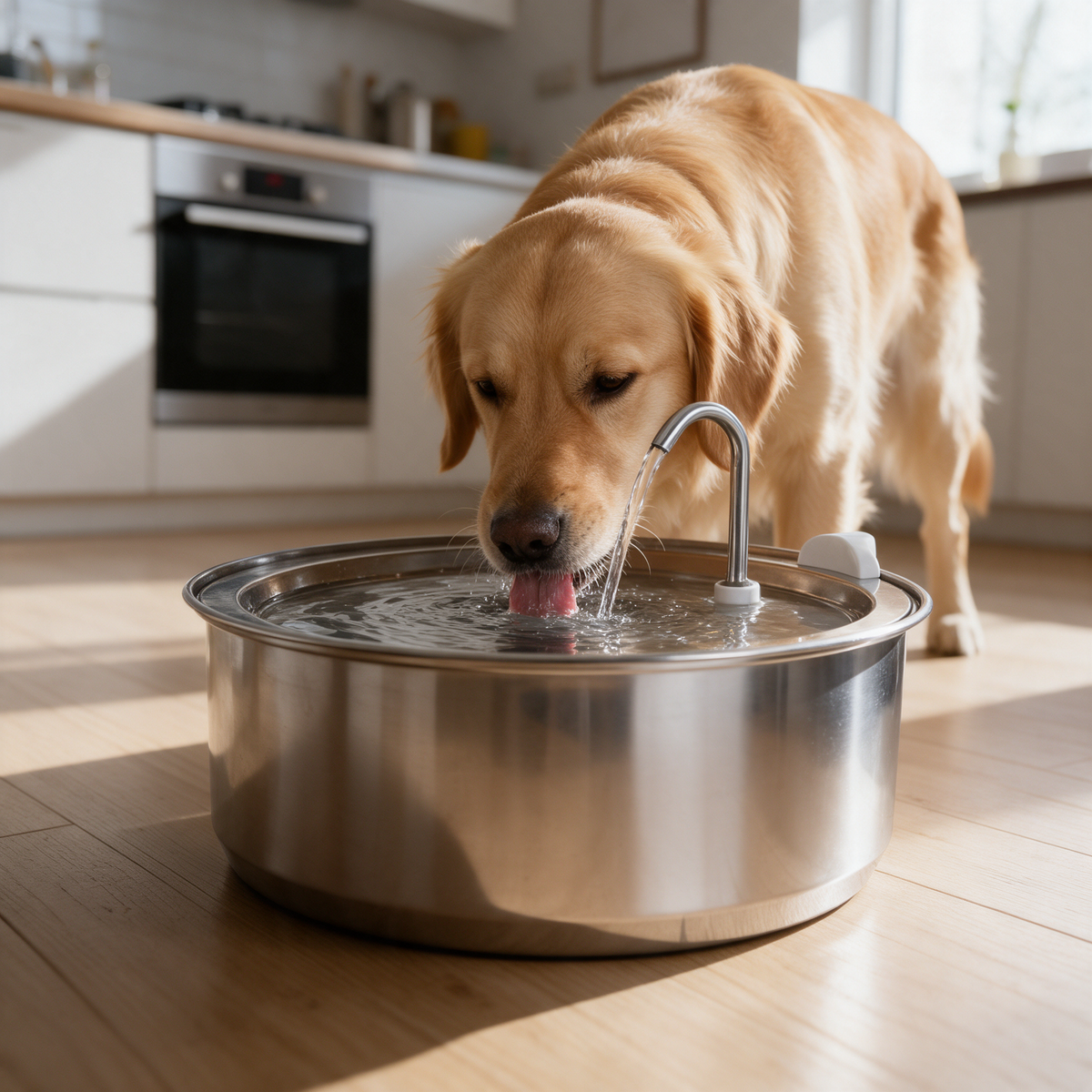 Golden Retriever trinkt aus der offenen Wasserfläche der Tatzenquelle in einer Küche