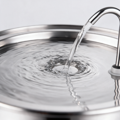 Nahaufnahme des Bogenauslaufs, ein dünner Wasserstrahl fällt in die Öffnung im Deckel