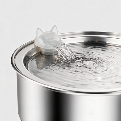 Katzenkopf-Aufsatz auf dem Deckel, Wasser sprudelt leise heraus und läuft über die Fläche