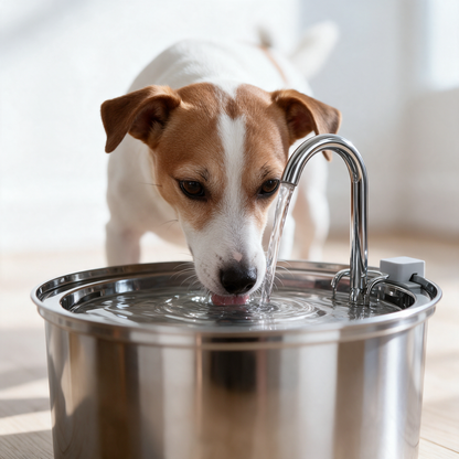 Kleiner Hund trinkt aus dem Edelstahl-Trinkbrunnen