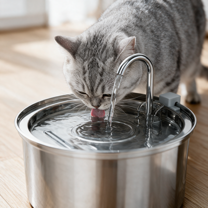 Katze trinkt aus der Mulde im Deckel des Edelstahl-Trinkbrunnens