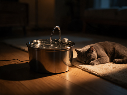 Trinkbrunnen läuft nachts im Wohnzimmer, daneben schläft eine Katze