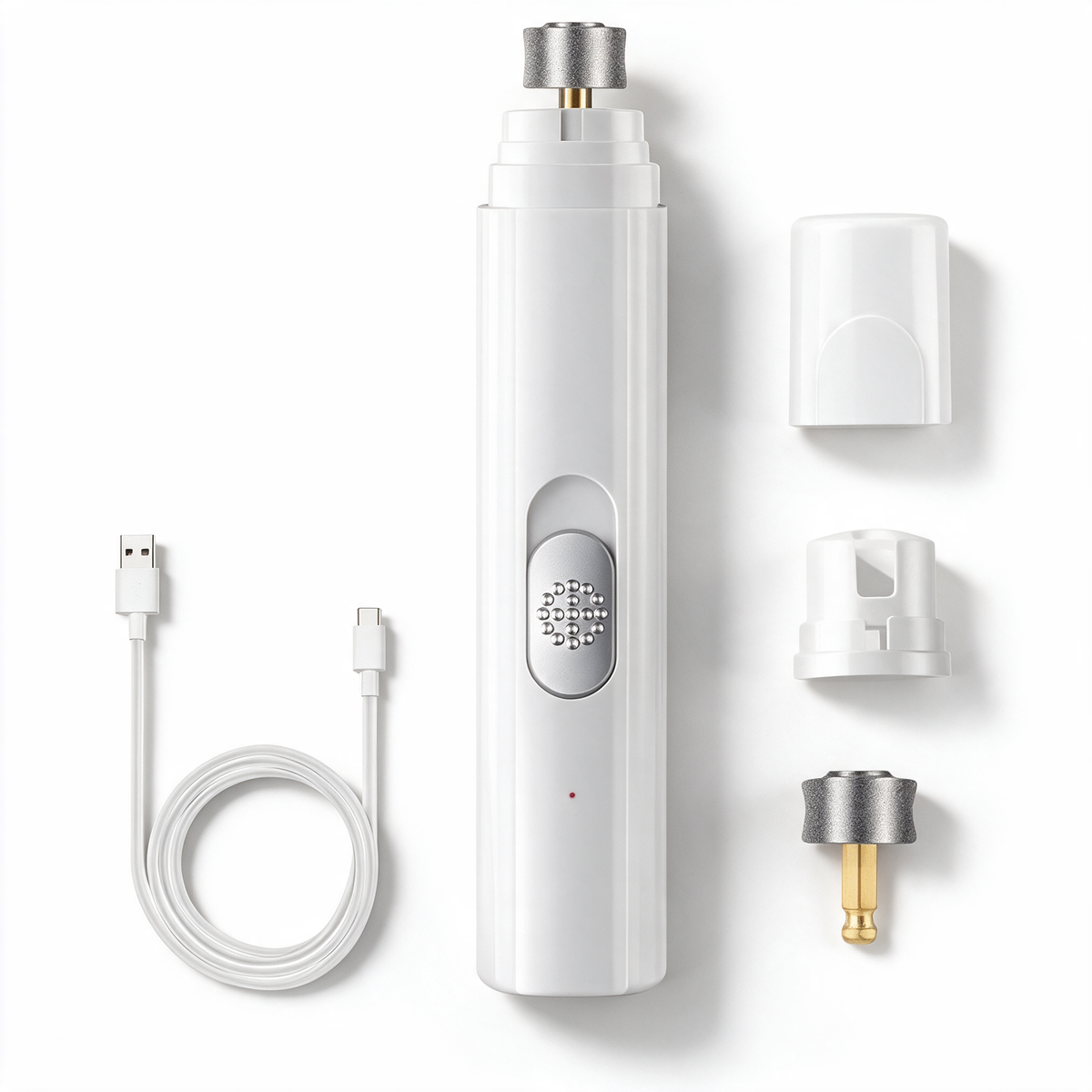 Lieferumfang: Krallenschleifer, Führungskappe, Schutzkappe, Schleifkopf und USB-C-Kabel
