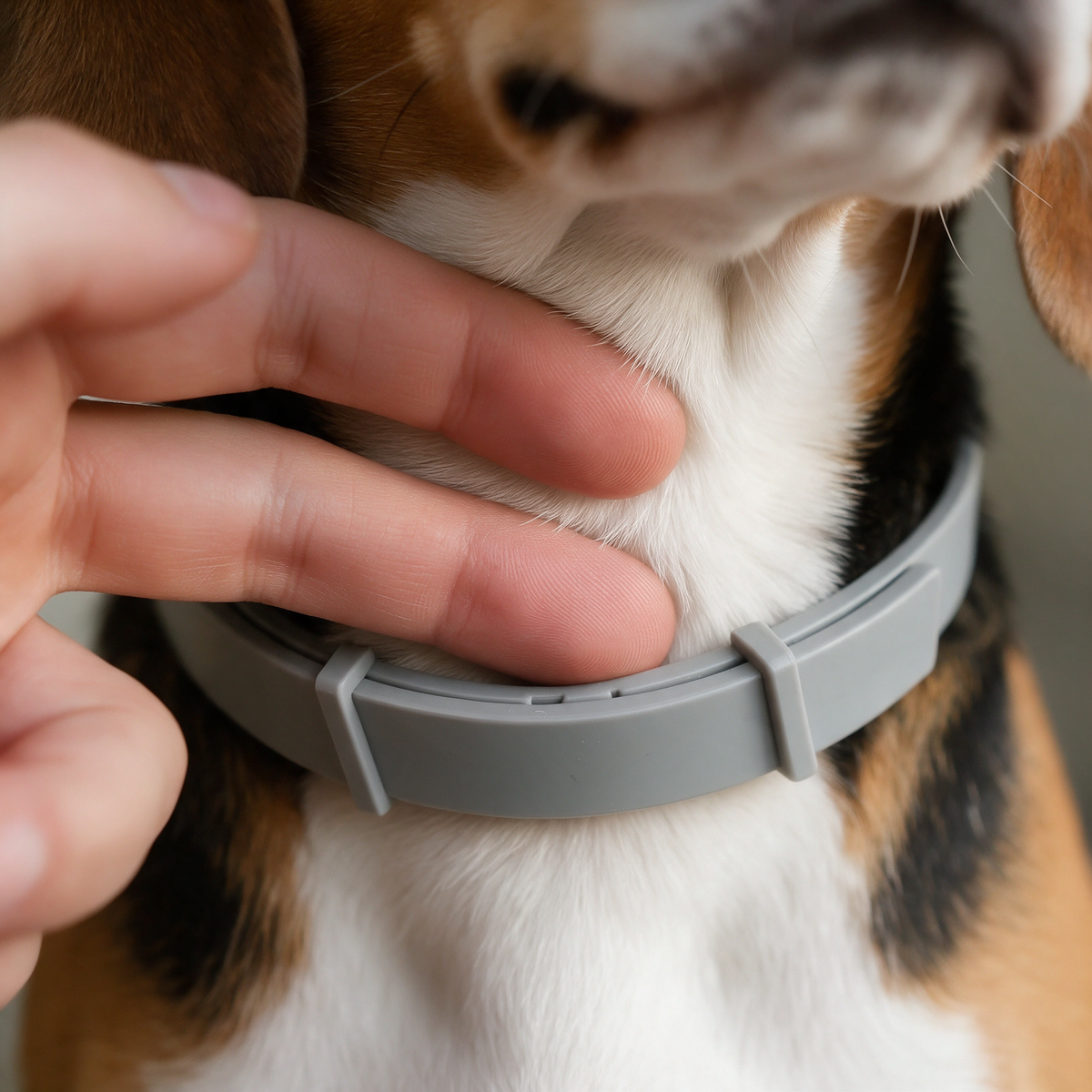 Zwei Finger prüfen den Abstand zwischen Halsband und Fell am Hals des Hundes