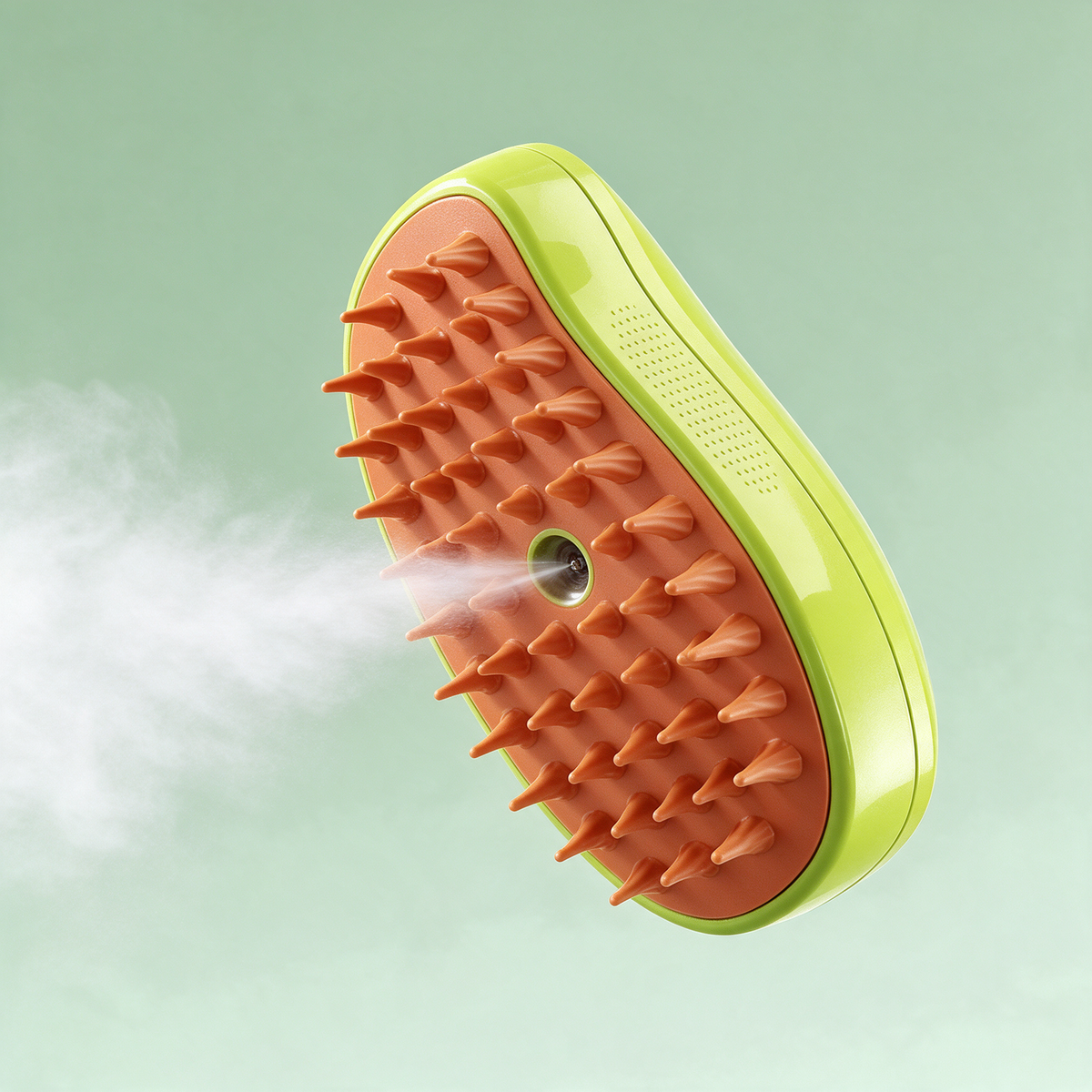 Fellfrisch Bürste von der Seite, feiner Sprühnebel tritt aus dem Silikonpad aus
