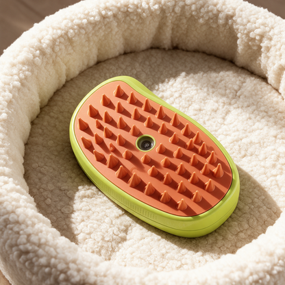 Fellfrisch Bürste liegt mit dem Silikonpad nach oben auf einem Hundebett