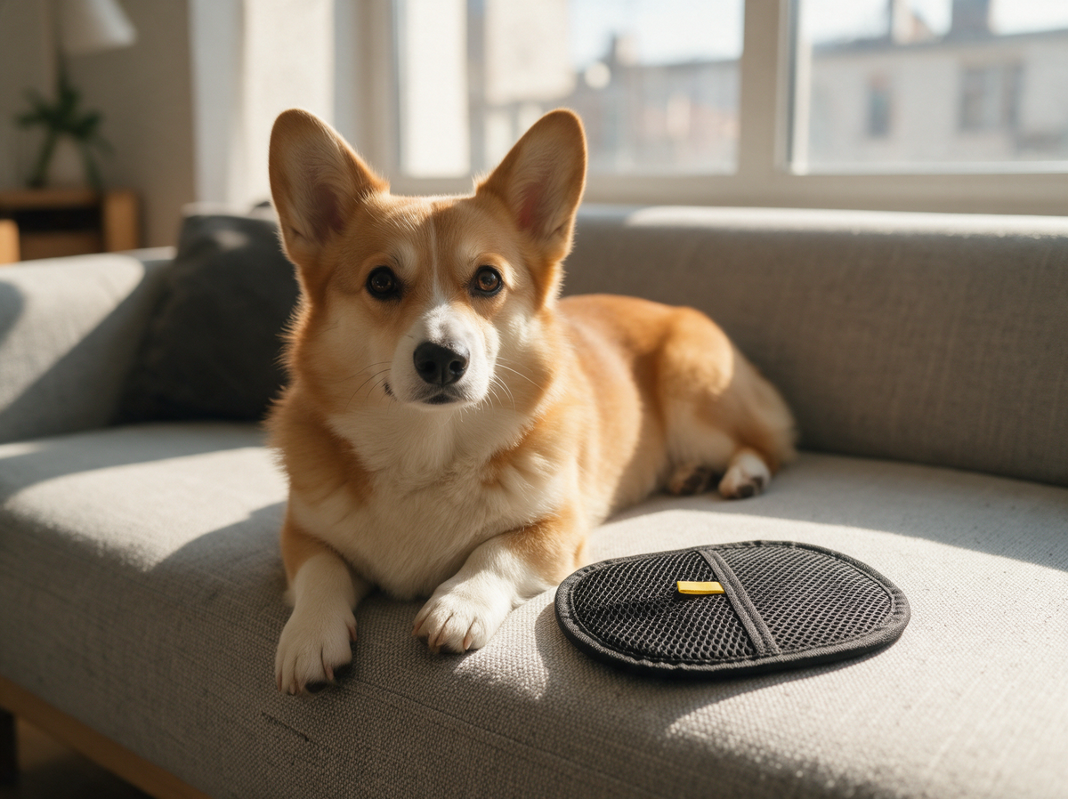 Corgi liegt auf einem grauen Sofa, daneben liegt der Fellfang mit der Netzseite nach oben