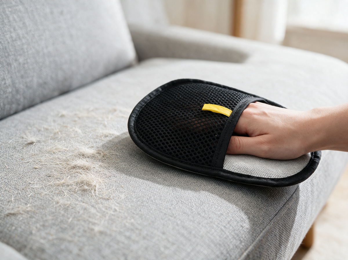 Hand im Fellfang wischt über ein graues Sofa, links liegen noch lose Tierhaare