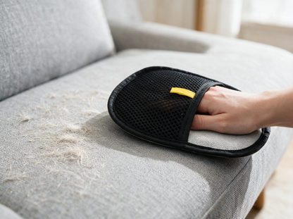 Hand im Fellfang wischt über ein graues Sofa, links liegen noch lose Tierhaare