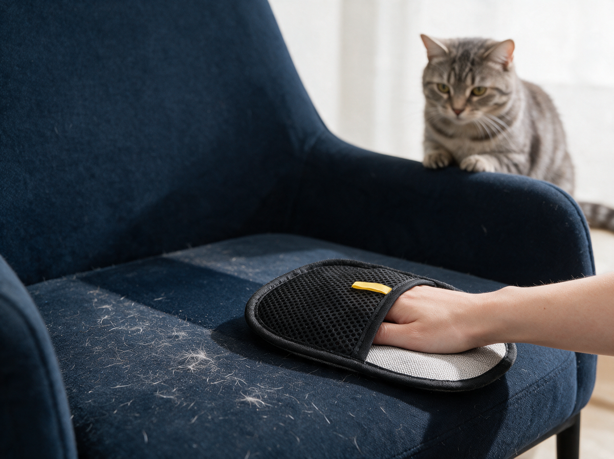 Hand im Fellfang wischt feine Katzenhaare von einem dunkelblauen Sessel, die Katze sitzt daneben