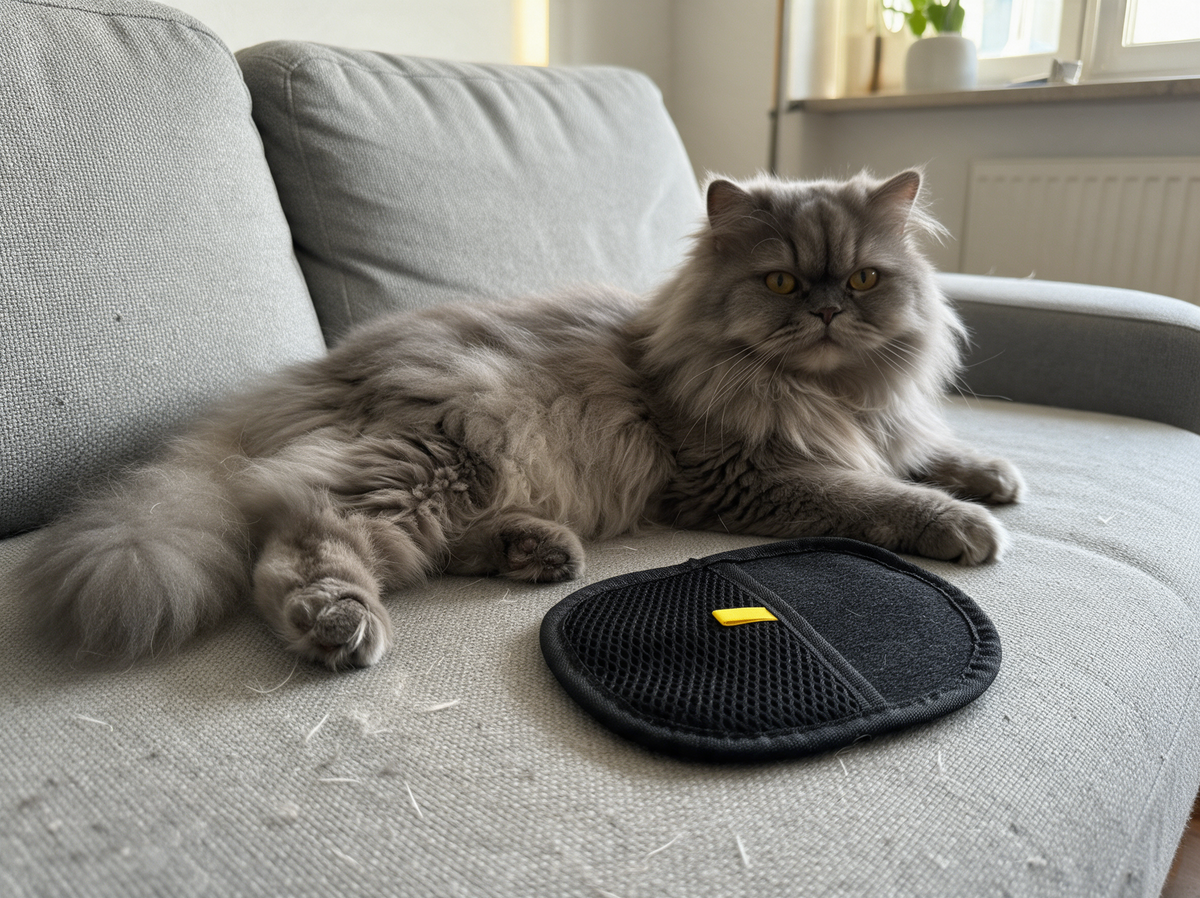 Perserkatze liegt auf einem grauen Sofa, daneben liegt der Fellfang