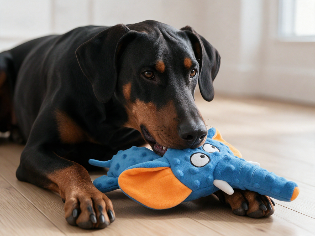 Dobermann liegt auf dem Boden und kaut auf dem Kaurüssel