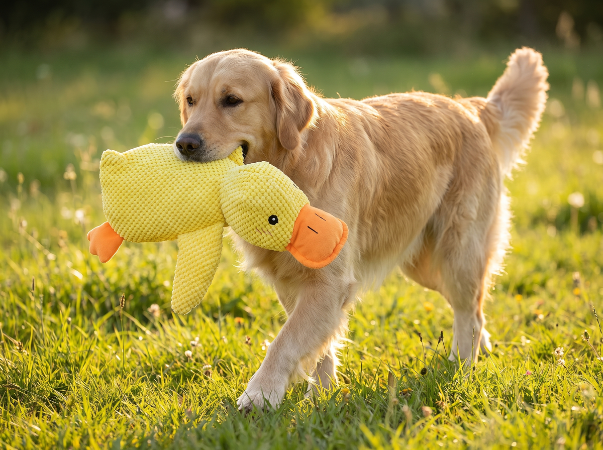 Golden Retriever trägt die Schlummerente über eine Wiese
