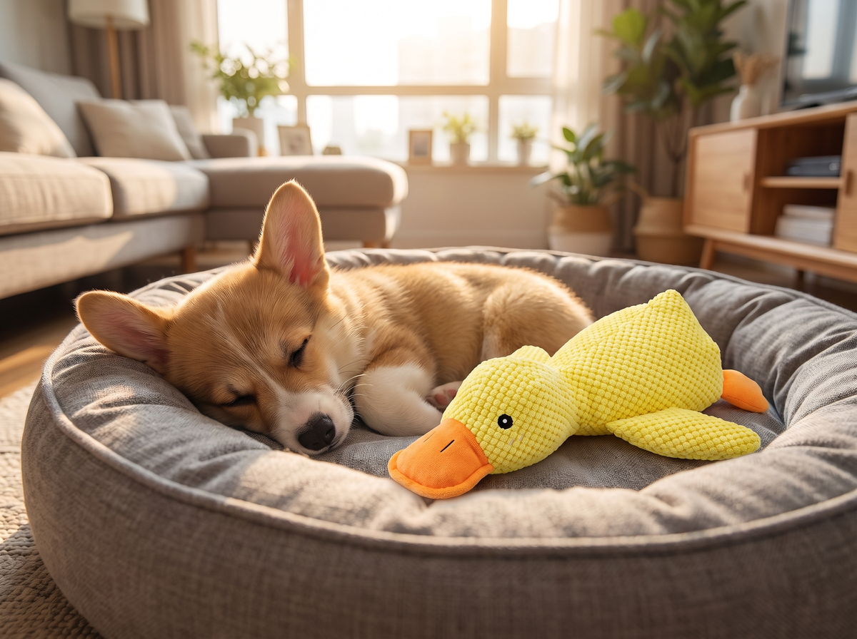 Corgi schläft im Hundebett, die Schlummerente liegt neben ihm
