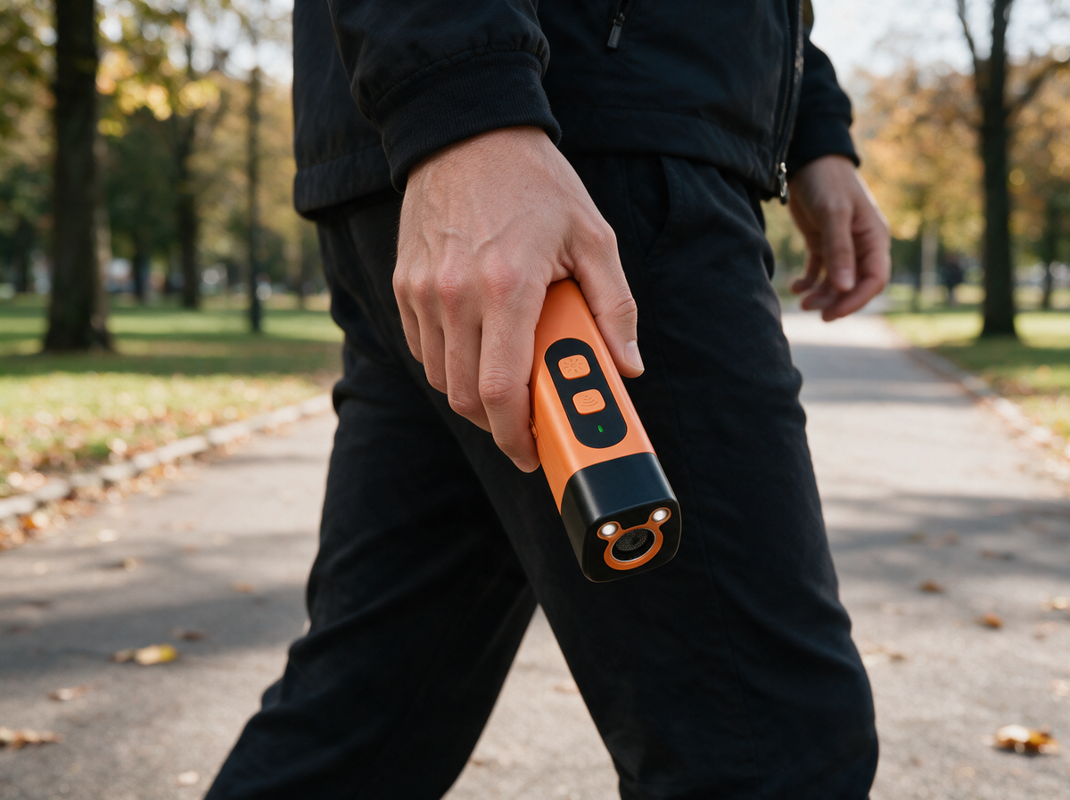 Das Gerät liegt entspannt in der Hand beim Spaziergang auf dem Parkweg